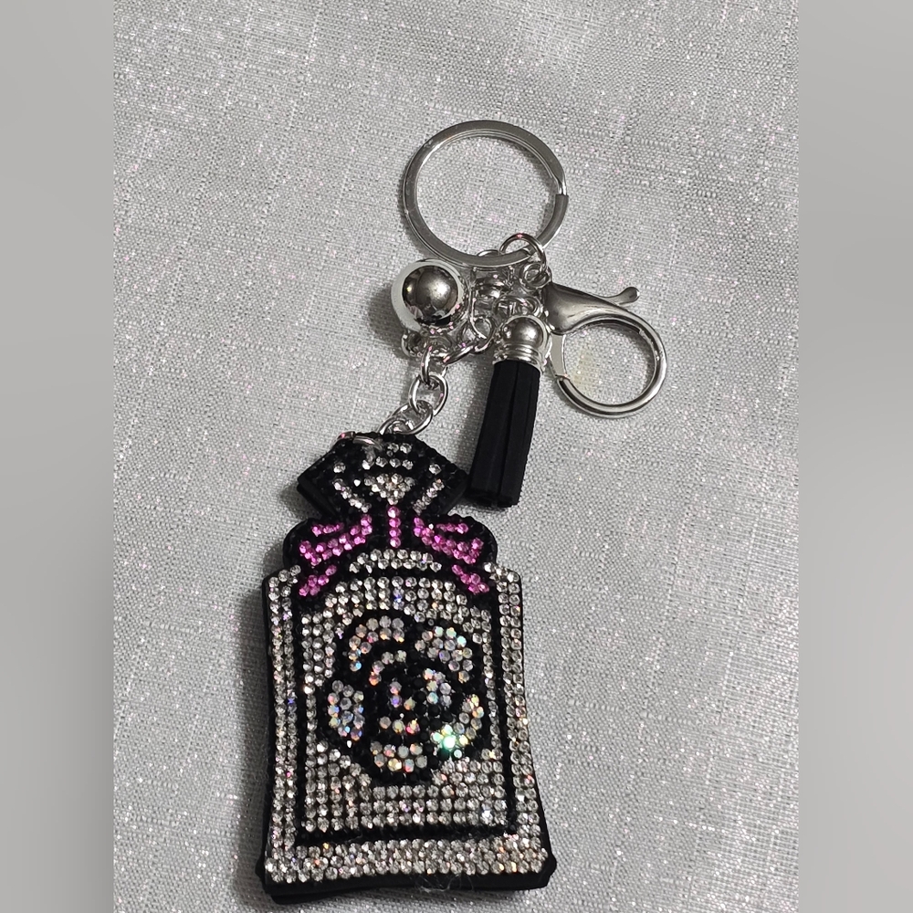 Perfume Bottle With Camellia Black Silver Pink Sparkling  Keychain Or Bag Charm
